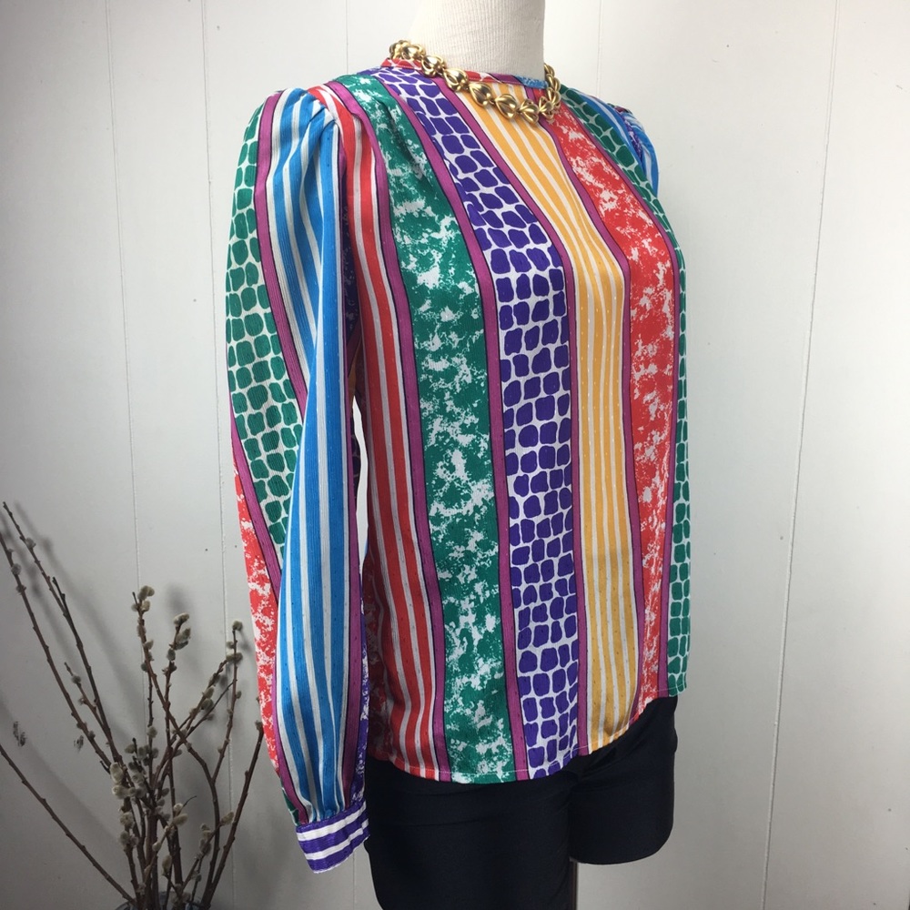 Vtg 80s Multi-Colored Patterned Button Down Blouse - image 3